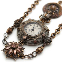 Beautiful vintage pocket watch and pearl necklace on rustic wood, selective focus. Generative AI