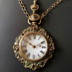 Beautiful vintage pocket watch and pearl necklace on rustic wood, selective focus. Generative AI