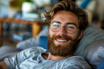 Beautiful young man with a well groomed beard, wearing eyeglasses, smiling and relaxing on sofa in living room.