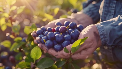 Wall Mural - A closeup of a pair of hands holding a of vibrant blueberries freshly picked from a bush and glistening in the sunlight.