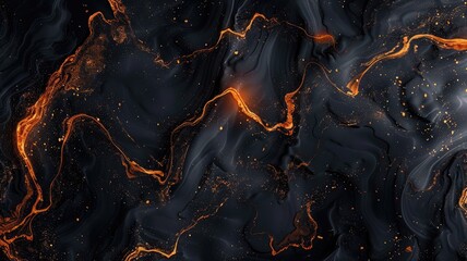 Sticker - Abstract black fluid with orange glowing streaks and particles. Digital artwork or abstract image of black liquid with orange glowing light. Modern art and design concept for wallpaper, print. AIG53F.