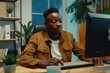 © darshika - Millennial African employee receives good business news while working remotely.
