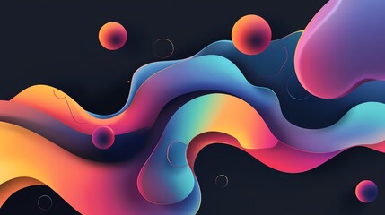 Poster - An abstract digital illustration of colorful, wavy shapes and spheres on a black background.