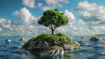 Poster - Tree Growing on a Small Island in a Calm Sea