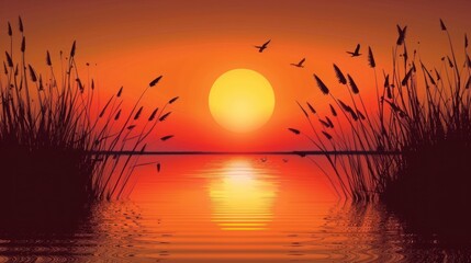 Sticker - Sunset Over Water With Silhouettes of Grass