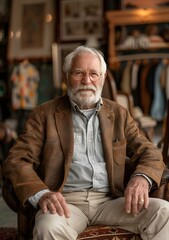 Wall Mural - Portrait of an Elderly Caucasian Man in a Brown Jacket Sitting on a Chair