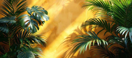 Canvas Print - Abstract shadow of black and white palm leaves on yellow background. Copy space