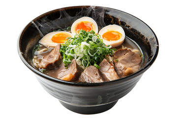 Sticker - steaming bowl of ramen with pork, soft-boiled eggs, and green onions - realistic food image