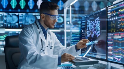 A scientist conducting remote genetic analysis using advanced medicine technology in a high-tech lab