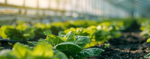 Wall Mural - Close-up of green leafy vegetables growing in a greenhouse with sunlight