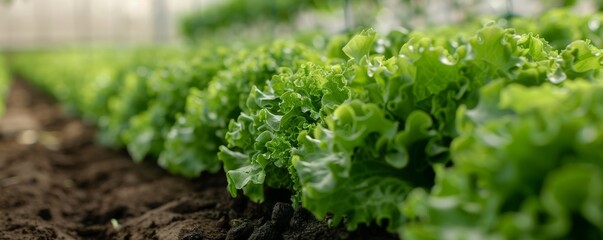 Fresh green lettuce growing in rows on a farm, close-up shot. Organic agriculture and healthy eating concept