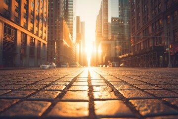 A city street with a sun shining on the sidewalk