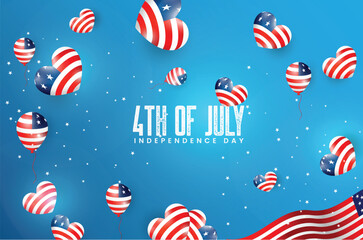 Poster - 4th july american indipendendence day banner design with ballon, love, flag and blue gradient color background. American 4th July celebration post design
