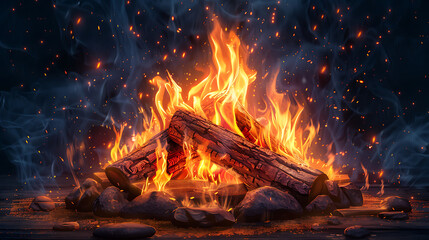 Wall Mural - burning flame on wood realistic bonfire cartoon style