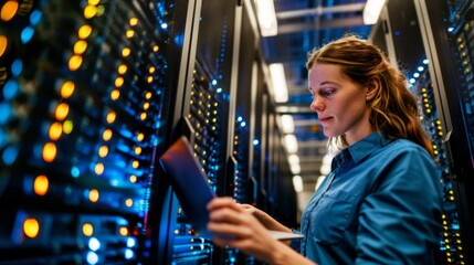 Poster - A woman server engineer works on a laptop in a data center, illuminated by the soft glow of the server racks