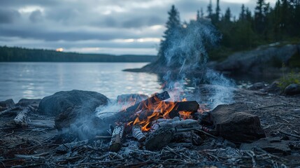 Sticker - Smoke rises from the smoldering remains of the campfire, marking the end of an adventurous day in the wild.