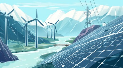 Poster - Sustainable Energy Landscape: Windmills, Solar Panels, and a River