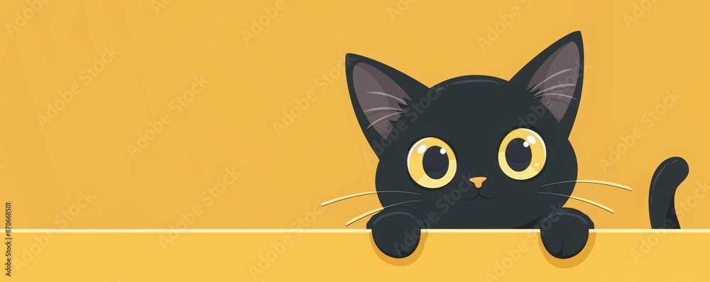 Cute black cat peeking from top corner of yellow background vector ...