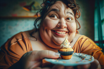 Wall Mural - A very fat woman smiling broadly while holding a tiny cupcake between her fingers.