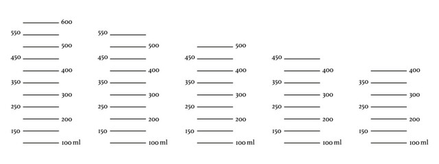 Set of scales 600, 550, 500, 450, 400 ml liquid volume. Measuring milliliters cup, jug to preparing cooking. Graphic template isolated on white background.