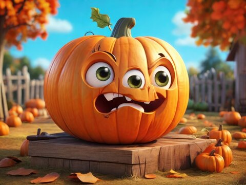a yellow pumpkin with anthropomorphic features such as eyes, mouth, and limbs