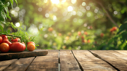 Fresh tomatoes on a wooden table with a lush green garden background.  Sunlight shines through the leaves, creating a warm, inviting scene.