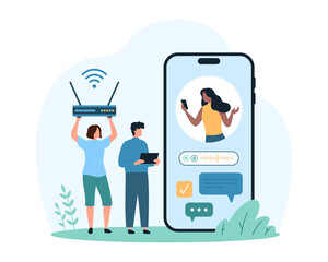 Wireless wifi connection, access to router. Tiny people holding router for high speed internet, use mobile applications for social media communication and chat messages cartoon vector illustration