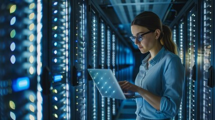 Aufkleber - A female server engineer works intently on a laptop in a server room. The glowing lights of the servers create a dramatic background