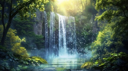 Poster - Enchanted Waterfall in a Lush Rainforest