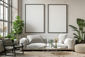 Wall Mural - Two vertical ISO A0 frame mockup, reflective glass, mockup poster on the wall of living room. Interior mockup. Apartment background. Modern Japandi interior design. 3D, Generative AI