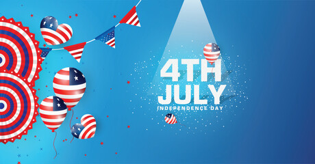 Poster - 4th July social media background post design. 4th July USA flyer background design with flag, star, and paper fan, on white background. Independence Day banner design