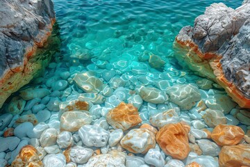 Crystal clear sea water gently laps the sandy beach, revealing a vibrant underwater reef and picturesque island, perfect for a serene summer getaway.