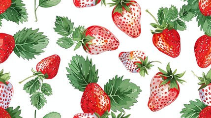 Wall Mural - seamless pattern of ripe strawberries with green leaves on a white background.