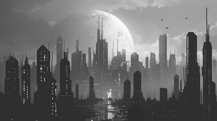 A sleek futuristic cityscape depicted in black silhouette, showcasing thin strokes of urban buildings and skyline, creating a modern and dynamic illustration.