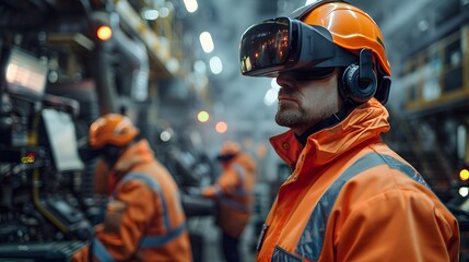 Wall Mural - A man in an orange safety jacket and helmet is wearing virtual reality glasses while standing inside the plant, surrounded by machines and equipment, working environment.