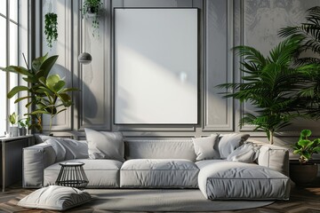 Wall Mural - Mockup poster frame on the wall of living room. Luxurious apartment background with contemporary design. Modern interior design. 3D render, 3D, Generative AI