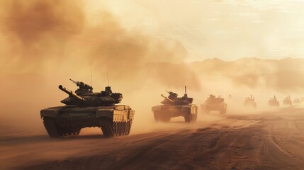 Military tanks in desert at sunset, commanding presence. Warfare and military strategy concept