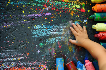 Wall Mural - Back to school concept. From above view of a child's hand making art with chalk on the street with lots of space for words.