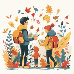 Wall Mural - A man and a woman are reading a book while their child looks on