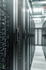 Poster - Modern, sleek server racks in a high-tech data center, showcasing cutting-edge technology and infrastructure for efficient data storage and processing.