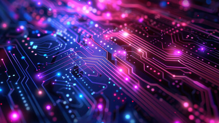 Poster - A vibrant, close-up illustration of a circuit board with glowing, multicolored lights. Perfect for technology, innovation, and digital themes.