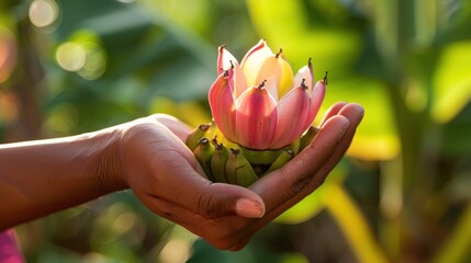 Wall Mural - Close-up of a Hand Holding a Banana Blossom