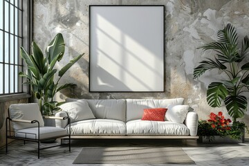 Wall Mural - Frame mockup, ISO A paper size, reflective glass, mockup poster on the wall of living room. Interior mockup. Apartment background. Modern interior design. 3D, Generative AI