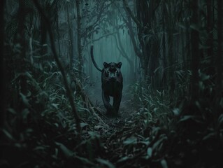 Wall Mural - ai generated illustration of a black panther walking through a dense, misty jungle