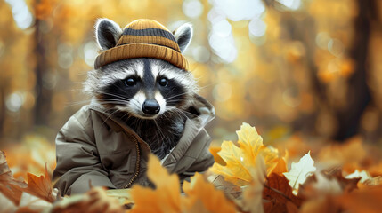 The raccoon wearing a coat and hat in an autumn forest. Cute animal character in fall scenery. Autumn and woodland themed digital art for design and print.