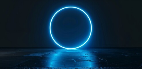 Fototapete - It is constructed from a sci-fi metal and has a blue glowing neon round portal.