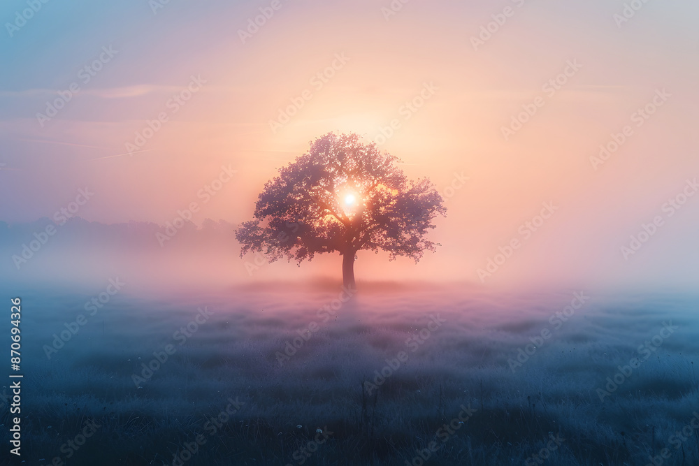 An atmospheric shot of a solitary tree in a foggy field at dawn, with ...
