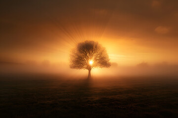 Wall Mural - An atmospheric shot of a solitary tree in a foggy field at dawn, with the rising sun creating ethereal lens flares 