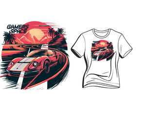 Vector t-shirt design featuring a retro sports car speeding down a winding road on white background