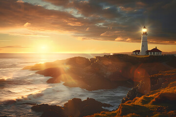 Wall Mural - A dramatic shot of a lighthouse at sunset with intense lens flares, highlighting the rugged coastal landscape